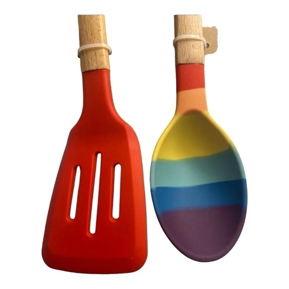 Rae Dunn Slotted Turner & Scoop Spoon Set Wood Handle Kitchen Utensils